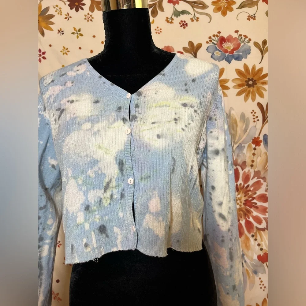 Stefano Cocci S Preppy Grunge Light Blue Bleach Dye Cropped Cardigan Office City